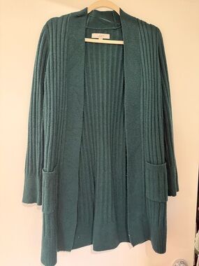 LOFT Teal Ribbed Open-Front Cardigan with Pockets